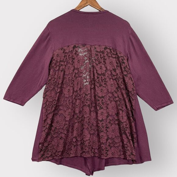 Lane Bryant Light Open Cardigan Women 22/24 Purple Knit 3/4 Sleeve Lace Back T32 - Picture 2 of 16